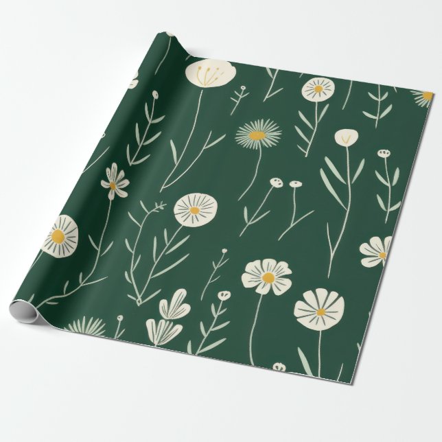 Papel De Presente Elegant Wildflower Pattern on Dark Green  (Desenrolado)