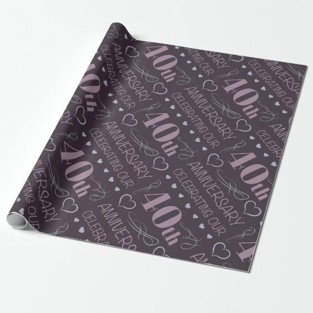 Papel De Presente Elegante 40º Aniversário de Casamento Roxo (Desenrolado)