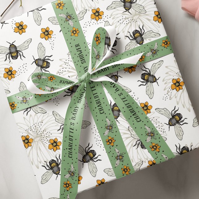 Papel De Presente Elegante Abelha Floral Melão Verão (Trendy Buzzing Bees and flowers pattern. Look for matching ribbon that comes in 1.5" or 3" width :)))