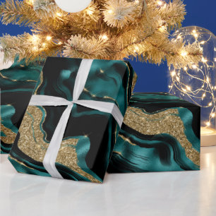 Papel De Presente Elegante Ágata de Aniversário em Verde Azul e Dour