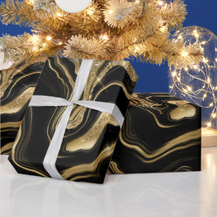 Papel De Presente Elegante Ágata de Aniversário Preta e Dourada Bril