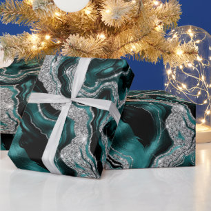 Papel De Presente Elegante Ágata de Aniversário Teal e Brilho Pratea