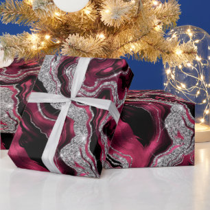 Papel De Presente Elegante Ágata de Aniversário Vermelha e Prateada 
