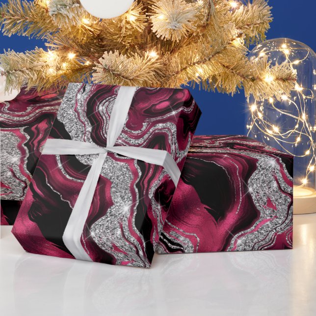 Papel De Presente Elegante Ágata de Aniversário Vermelha e Prateada  (Feriados)