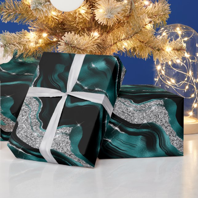 Papel De Presente Elegante Aniversário de Ágata Teal e Brilho Pratea (Feriados)