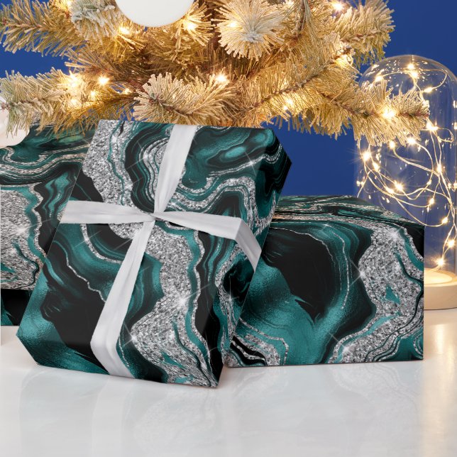 Papel De Presente Elegante Aniversário de Ágata Teal e Brilho Pratea (Feriados)