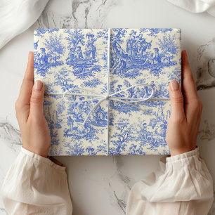 Papel De Presente Elegante Aniversário Toile de Jouy Azul Vintage