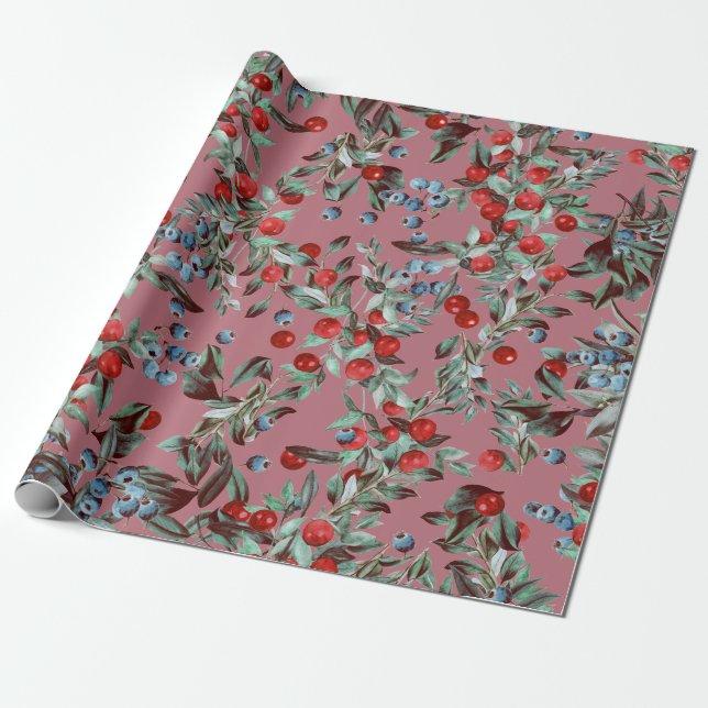 Papel De Presente Elegante Aquarela Festiva Berries Rosa (Desenrolado)