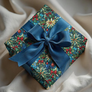 Papel De Presente Elegante arco de Natal azul coquette vitral 