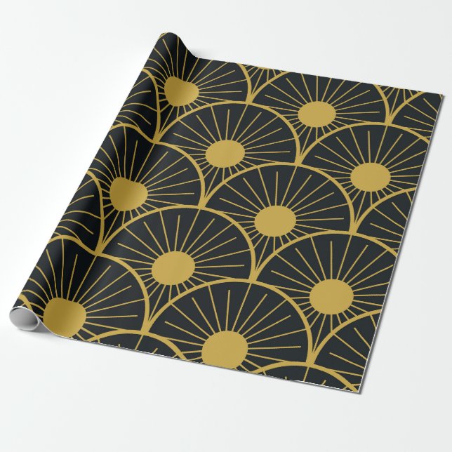 Papel De Presente Elegante Art Deco Dourado padrão solar em preto (Desenrolado)