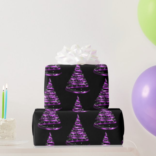 Papel De Presente Elegante Árvore de Natal com Fita Roxa e Preta (Presentes para festas)