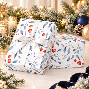 Papel De Presente Elegante Azevinho Aguarela Frutas Vermelhas Natal