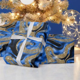 Papel De Presente Elegante Azul Derretido e Brilho Dourado de Aniver