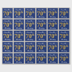 Papel De Presente Elegante, Azul, Faux Dourada 70 Aniversário + Nome