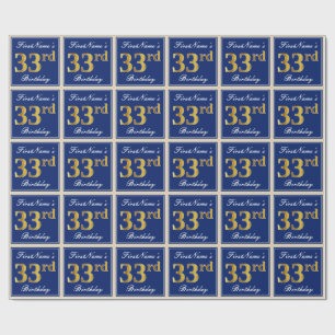 Papel De Presente Elegante, Azul, Faux Dourado 33º Aniversário + Nom