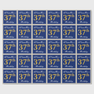 Papel De Presente Elegante, Azul, Faux Dourado 37º Aniversário + Nom