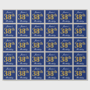 Papel De Presente Elegante, Azul, Faux Dourado 38. Aniversário + No