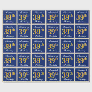 Papel De Presente Elegante, Azul, Faux Dourado 39 Aniversário + Nom