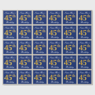 Papel De Presente Elegante, Azul, Faux Dourado 45º Aniversário + Nom
