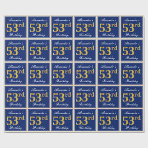 Papel De Presente Elegante, Azul, Faux Dourado 53º Aniversário + Nom