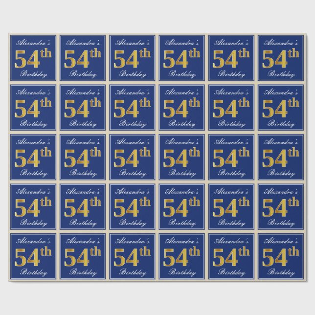Papel De Presente Elegante, Azul, Faux Dourado 54º Aniversário + Nom (Aberto)