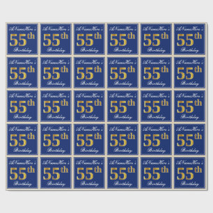 Papel De Presente Elegante, Azul, Faux Dourado 55º Aniversário + Nom