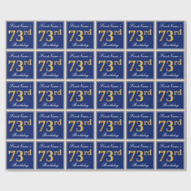 Papel De Presente Elegante, Azul, Faux Dourado 73º Aniversário + Nom (Aberto)