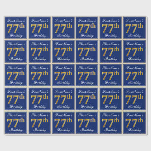 Papel De Presente Elegante, Azul, Faux Dourado 77º Aniversário + Nom