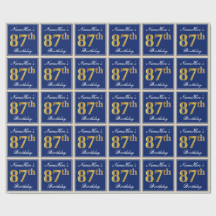 Papel De Presente Elegante, Azul, Faux Dourado 87º Aniversário + N