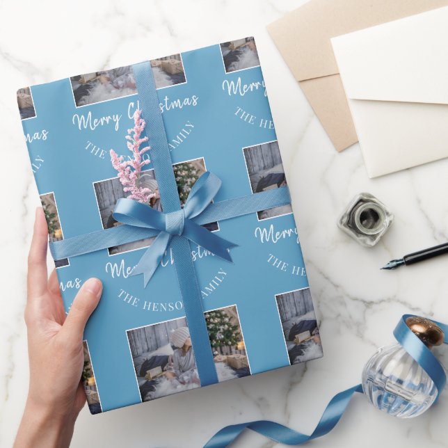 Papel De Presente Elegante Azul Feliz Natal Script Família Foto  (Presentear)