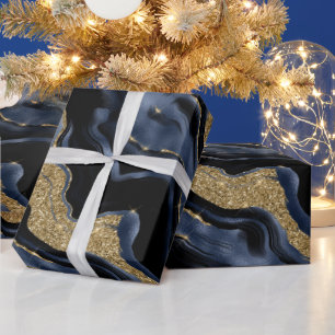 Papel De Presente Elegante Azul Marinho e Brilho Dourado Aniversário