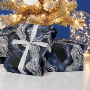 Papel De Presente Elegante Azul Marinho e Prateado Brilho Ágata Aniv