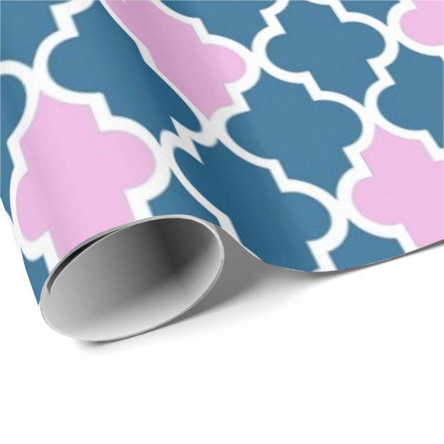 Papel De Presente Elegante, azul-marinho-tenda, quatrefoil rosa (Ponta do rolo)