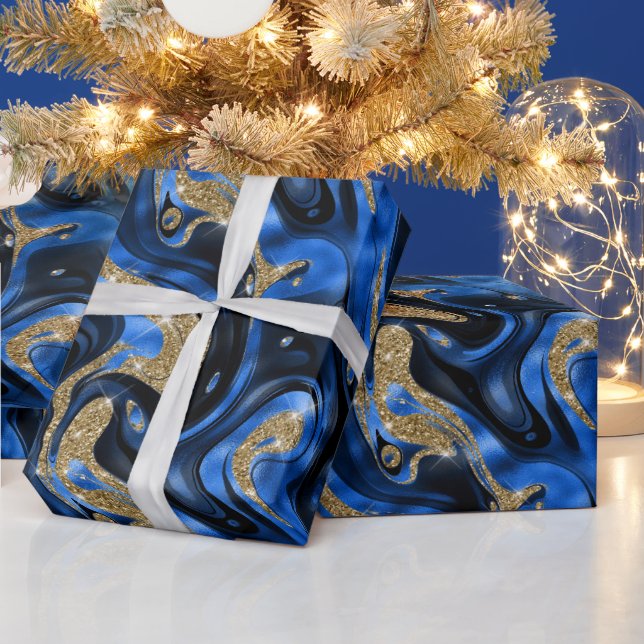 Papel De Presente Elegante Azul Molten e Dourado Aniversário Glitter (Feriados)