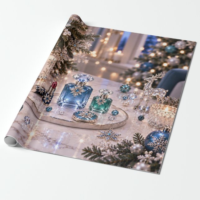 Papel De Presente Elegante Beleza de Natal Azul Verde (Desenrolado)