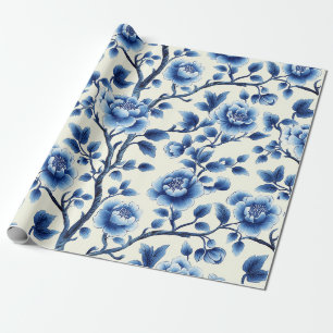 Papel De Presente Elegante Blue Chinoiserie Floral Patterno Design