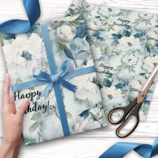 Papel De Presente Elegante Blue Vintage Floral Aniversário