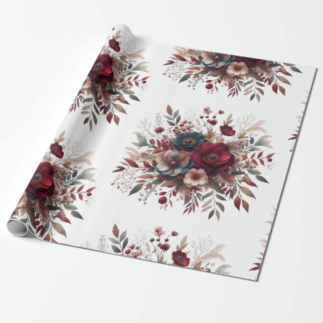 Papel De Presente Elegante Boho Burgundy - Padrão Vermelho e Azul (Desenrolado)