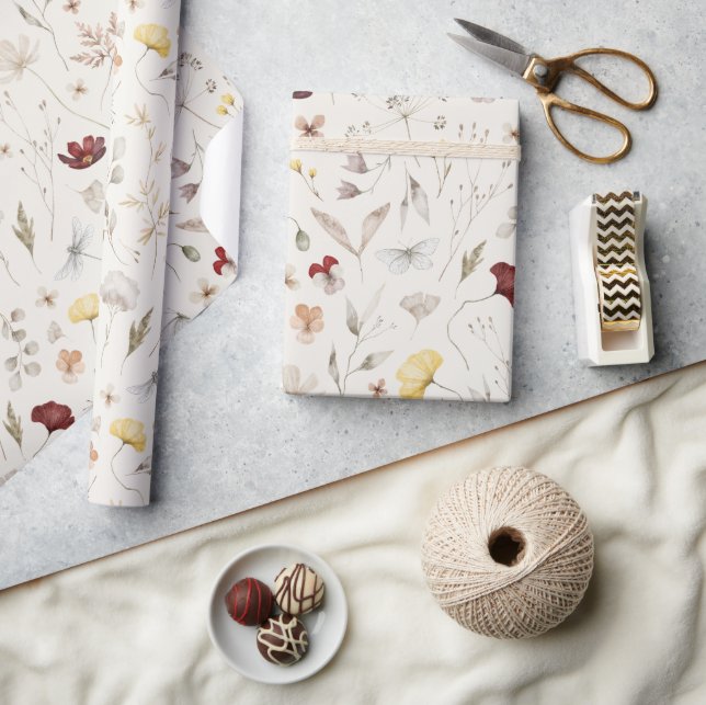 Papel De Presente Elegante Boho Flores SilvestresFolhagens  (Artesanato)