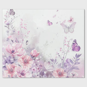 Papel De Presente Elegante Borboleta Aquarela Lilás Rosa Caprichosa