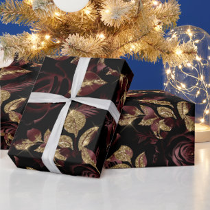 Papel De Presente Elegante Borgonha Vermelha e Dourado Padrão Floral