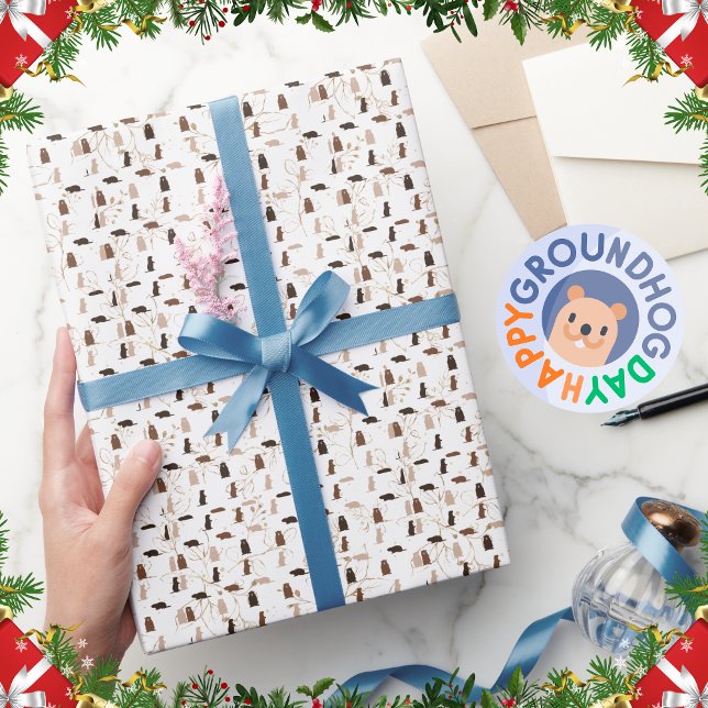 Papel De Presente Elegante Branca Festiva e Dourado Dia do Groundhog (Criador carregado)