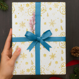 Papel De Presente Elegante branco festivo e Dourado Natal alegre