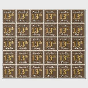 Papel De Presente Elegante, Brown, Faux Dourada 13 Birthday + Nome