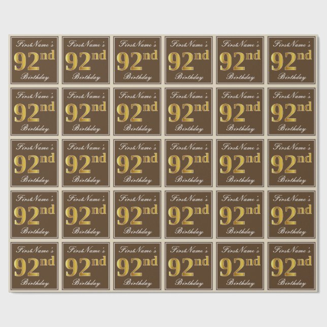Papel De Presente Elegante, Brown, Faux Dourado 92º Aniversário + No (Aberto)