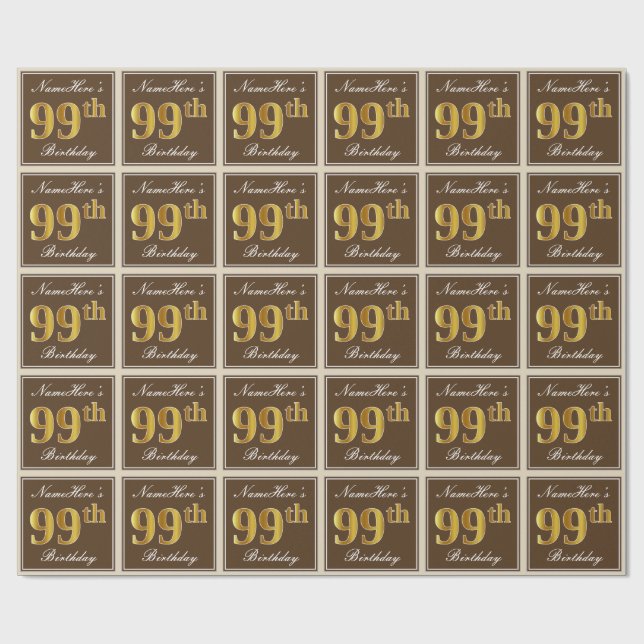 Papel De Presente Elegante, Brown, Faux Dourado 99º Aniversário + No (Aberto)
