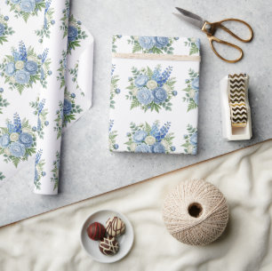 Papel De Presente Elegante Buquê Floral de Peônia Azul Desenho Aquar