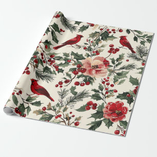 Papel De Presente Elegante Cardinal Vermelho de Inverno Botânico Cre