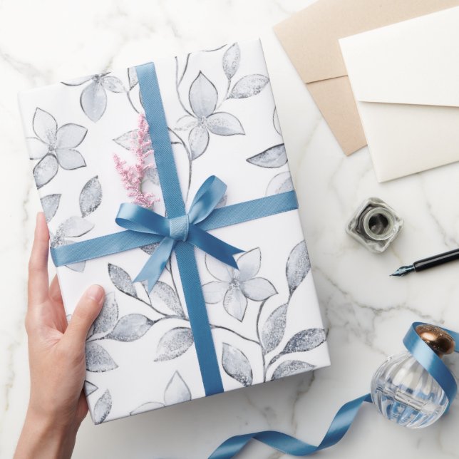 Papel De Presente Elegante Casamento Floral Prata Branco (Presentear)