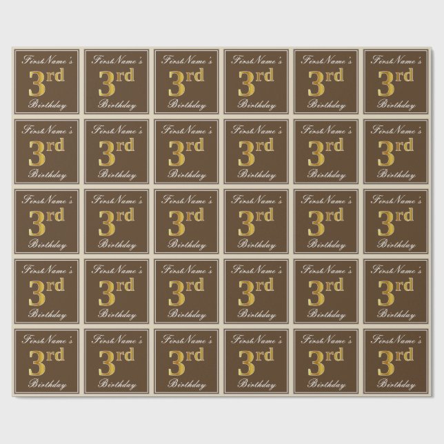 Papel De Presente Elegante, Castanho, Faux Dourada aniversário de 3  (Aberto)